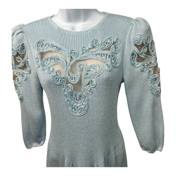 Vintage Don Sayres Wellmore SZ 8 Blue Knit &Silk Embroidered Dress Neiman Marcus - Picture 3 of 11